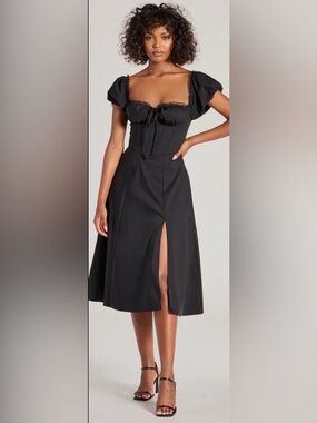 Babyboo Black Corset Midi Dress Puff Sleeve Lace Trim Slit Coquette medium